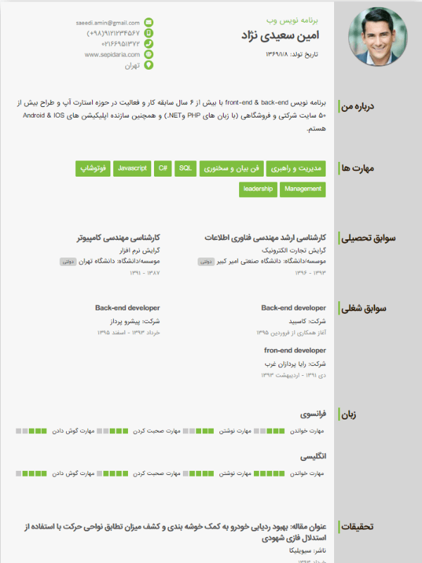 نمونه رزومه قالب متین (سبز)